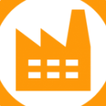 Orange logo featuring a stylized factory silhouette within a circular border.