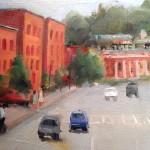 A beautiful painting of a busy street with trees and buildings