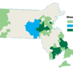 Map of massachusetts highlighting regions by utility type: electric in blue, gas in green, and combined electric and gas in dark green.