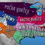 Map of the united states showing various winter weather patterns across different regions, labeled with terms like "polar vortex," "snowy," and "lake effect.
