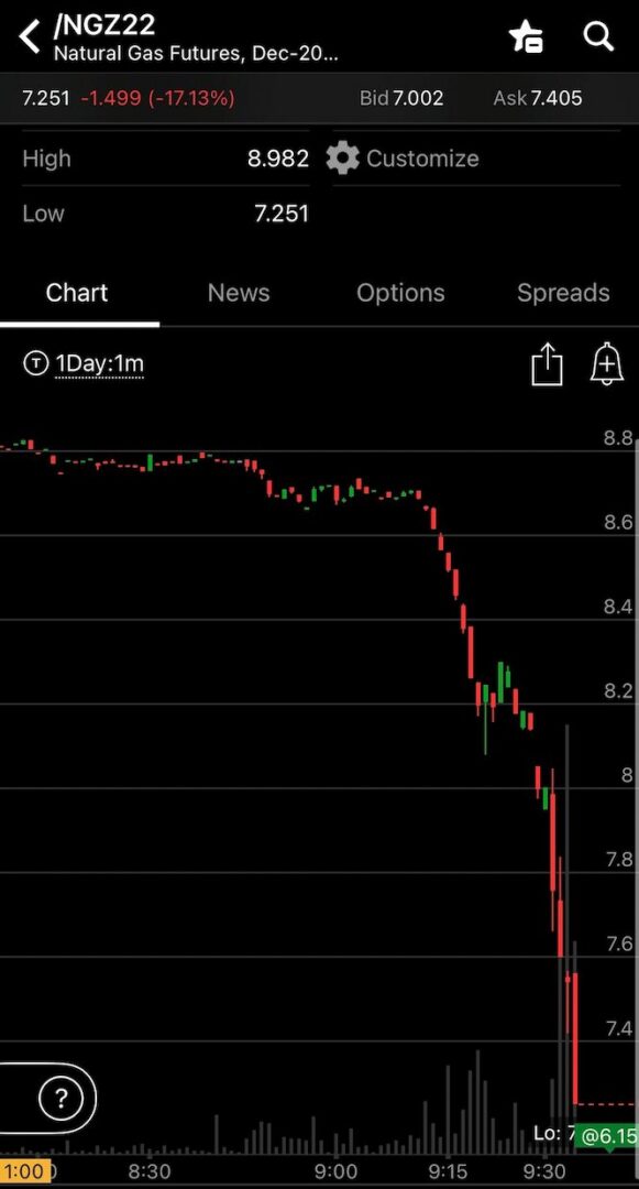 Screenshot of a stock trading app displaying a steep decline in natural gas futures (ngz22) price over a 1-day chart.