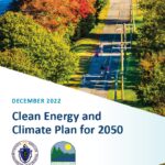 Cover of a document titled "clean energy and climate plan for 2050," featuring an aerial view of a park with people and colorful autumn trees.