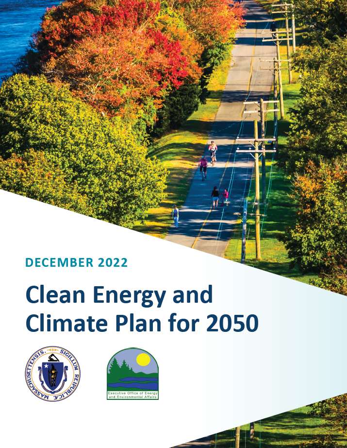 Cover of a december 2022 report titled "clean energy and climate plan for 2050" featuring a scenic aerial view of a park in autumn.