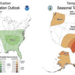 Two u.s. maps showing the seasonal precipitation and temperature outlook for april-june 2023, indicating regions with above or below average expectations.