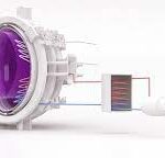 Conceptual illustration of a futuristic device with large circular lenses glowing purple, connected to various mechanical components, set against a minimalist white background with line drawings.