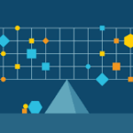 Illustration of a balanced seesaw with geometric shapes representing chemical molecules on a grid against a dark blue background.