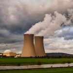 Nuclear power plant with cooling towers.